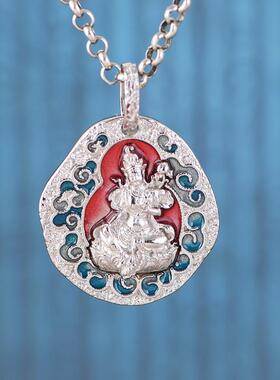 网红- S925银吊坠 简约滴油十字金刚杵莲花生像银牌男女项链坠