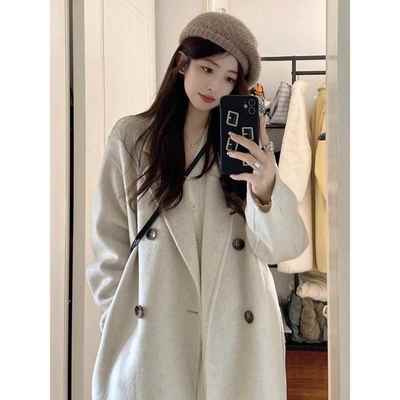 燕麦色韩系高级感毛呢大衣女2025新款秋冬季小个子中长款呢子外套