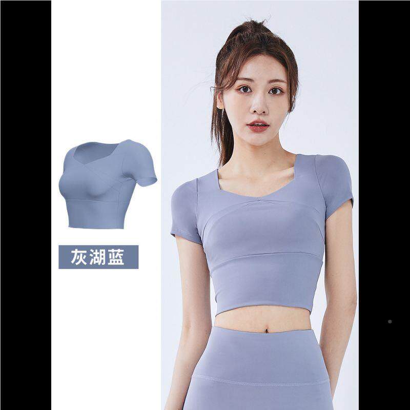 聚衣女堂短款露袖尴尬蜜桃跑JD009步紧身衣裤裸感女健身瑜伽运动