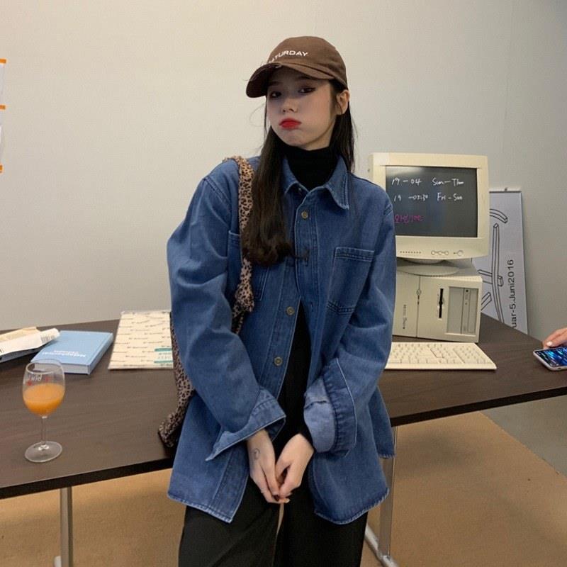 牛仔衬衫女士春秋欧货中长款复古蓝色外套小个子叠穿工装长袖衬衣