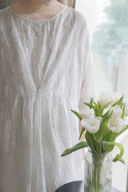 文言棉麻女装文艺提花宽松长袍子法式复古白色，显瘦仙气飘逸连身裙