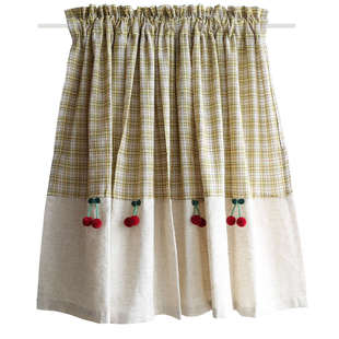 鸢尾乡旅黄绿格子红樱桃半帘穿杆帘咖啡帘免打孔窗帘