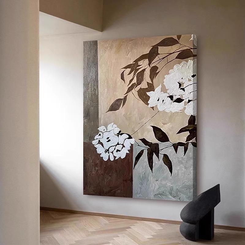 手绘肌理画艺术复古花卉装饰画玄关竖版客厅中古风挂画餐厅画书房