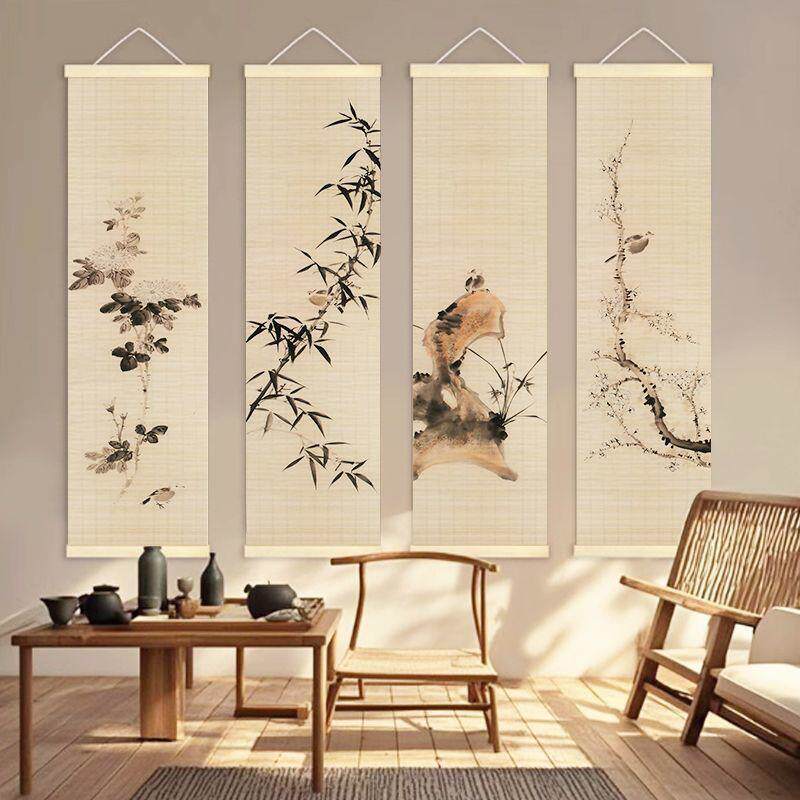 高档梅兰竹菊中式竹帘装饰画挂画茶室客厅玄关书房竹帘画禅意竹编