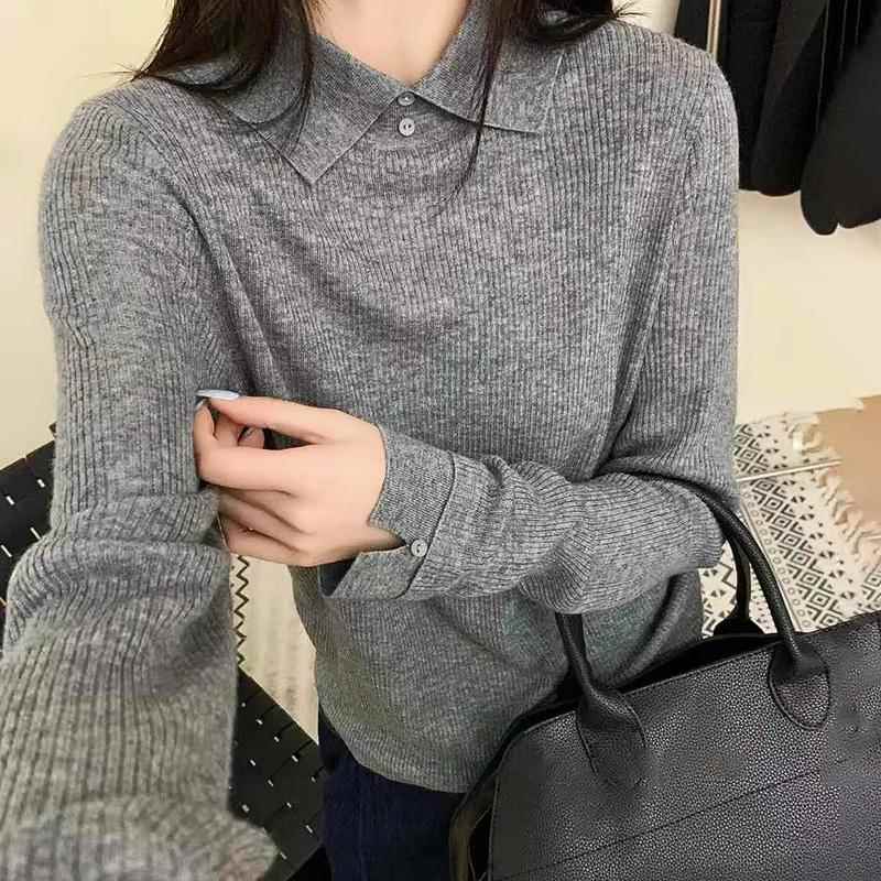 翻领纽扣亲肤秋冬羊毛内搭打底衫气质减龄灰色毛衣针织衫女士毛衫