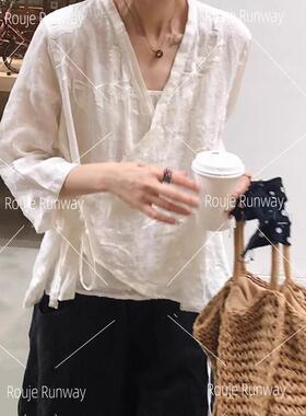 法式Rouje Runway民族风棉麻绣花V领衬衫夏宽松显瘦开衫汉服上衣