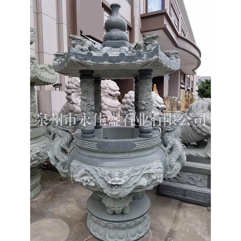 大型石雕香炉祠堂寺院室外仿古石雕香炉石鼎双龙耳浮雕有盖天公炉