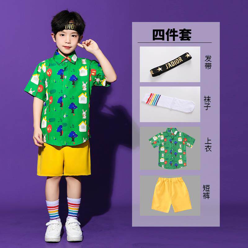 高档儿童啦啦队抱幼婴袋班裤演出服会儿园毕业照服运动港风花衬衫