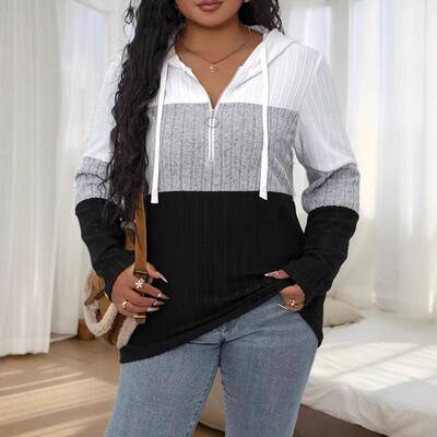 【Plus Size】 Colorblock Zip Up Hoodie, Casual Long Sleeve