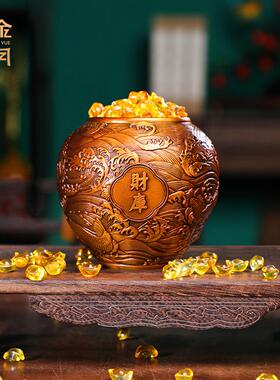 铜金岁月财库天成黄铜缸摆件招财铜缸家居摆件老板办公室铜器摆件