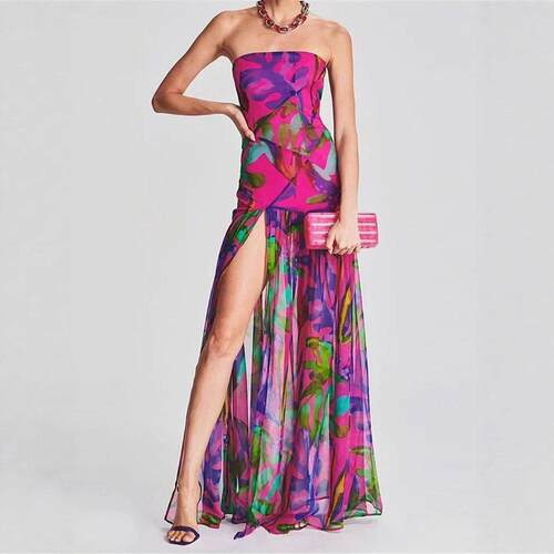 Women's Tube Top DressStrapless Backless Mesh Patchwork