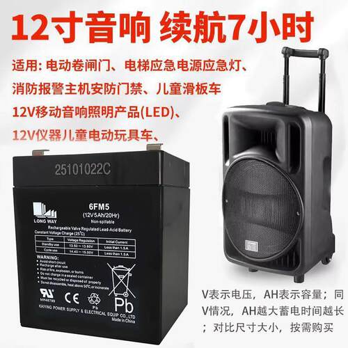 LONGWAY龙威12V5AH音箱电池卷帘门电梯消防增氧泵童车音响蓄电瓶