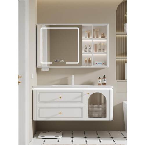 法式奶油风陶瓷一体盆浴室柜组合洗漱台洗手洗脸盆柜挂墙式卫生间