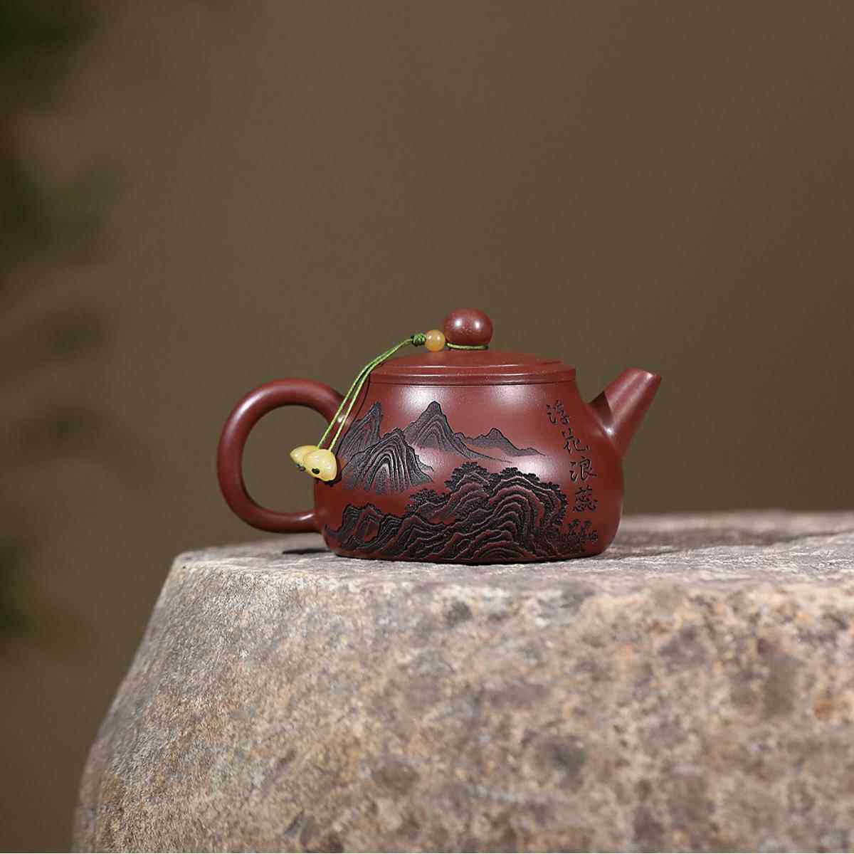 宜兴工紫砂壶匠人手作原矿龙家YDN血砂满刻牡制丹石瓢用茶壶