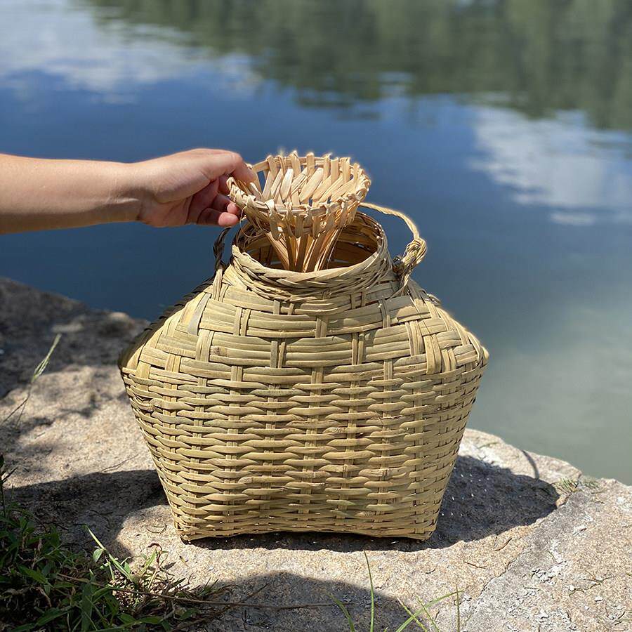 老式鱼篓竹编织品捕鱼抓虾竹笼娄盖子采茶大号手提竹篮子装饰鳝鱼