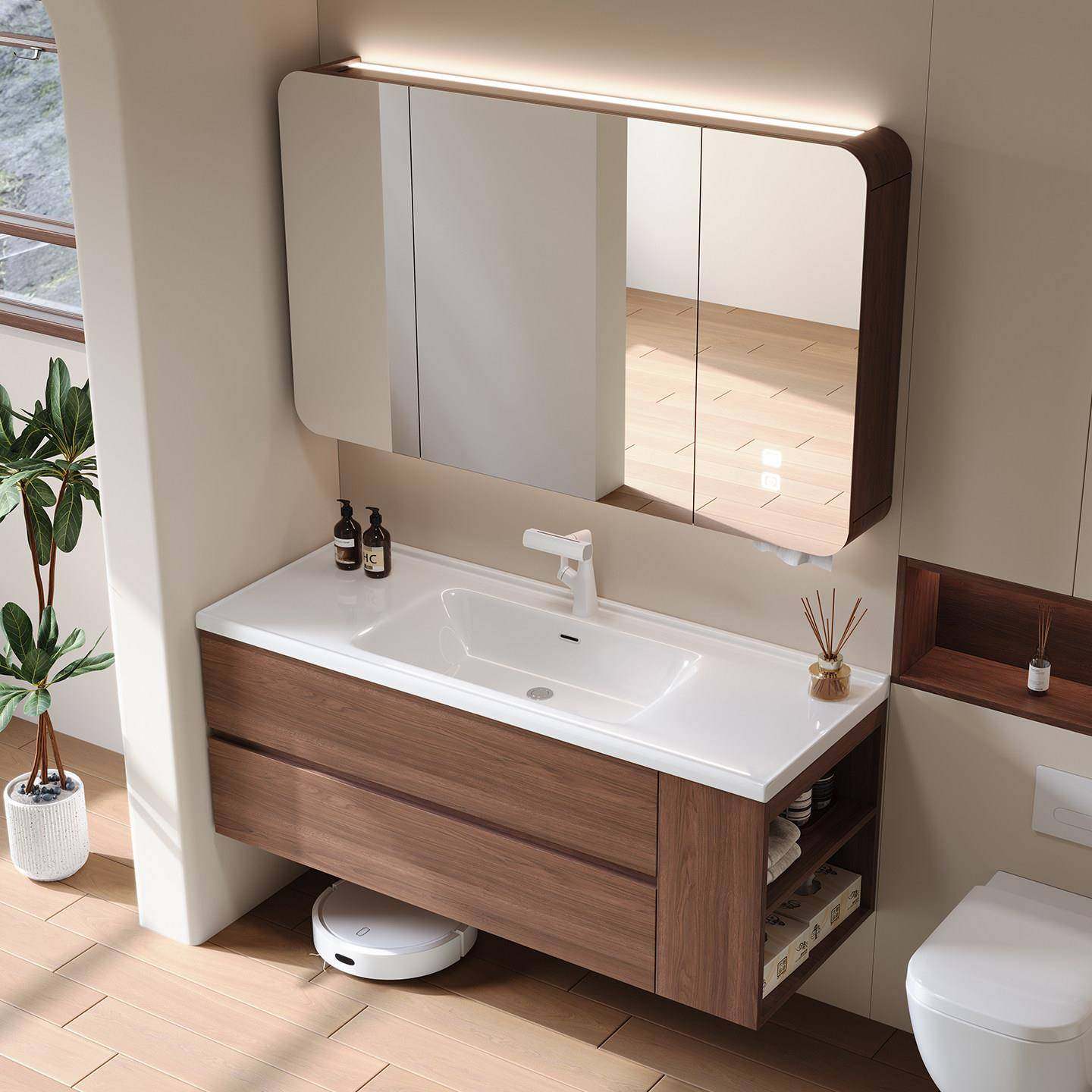 陶瓷一体盆浴室柜组合侧边收纳中古风胡桃木洗手盆柜洗脸盆洗漱池