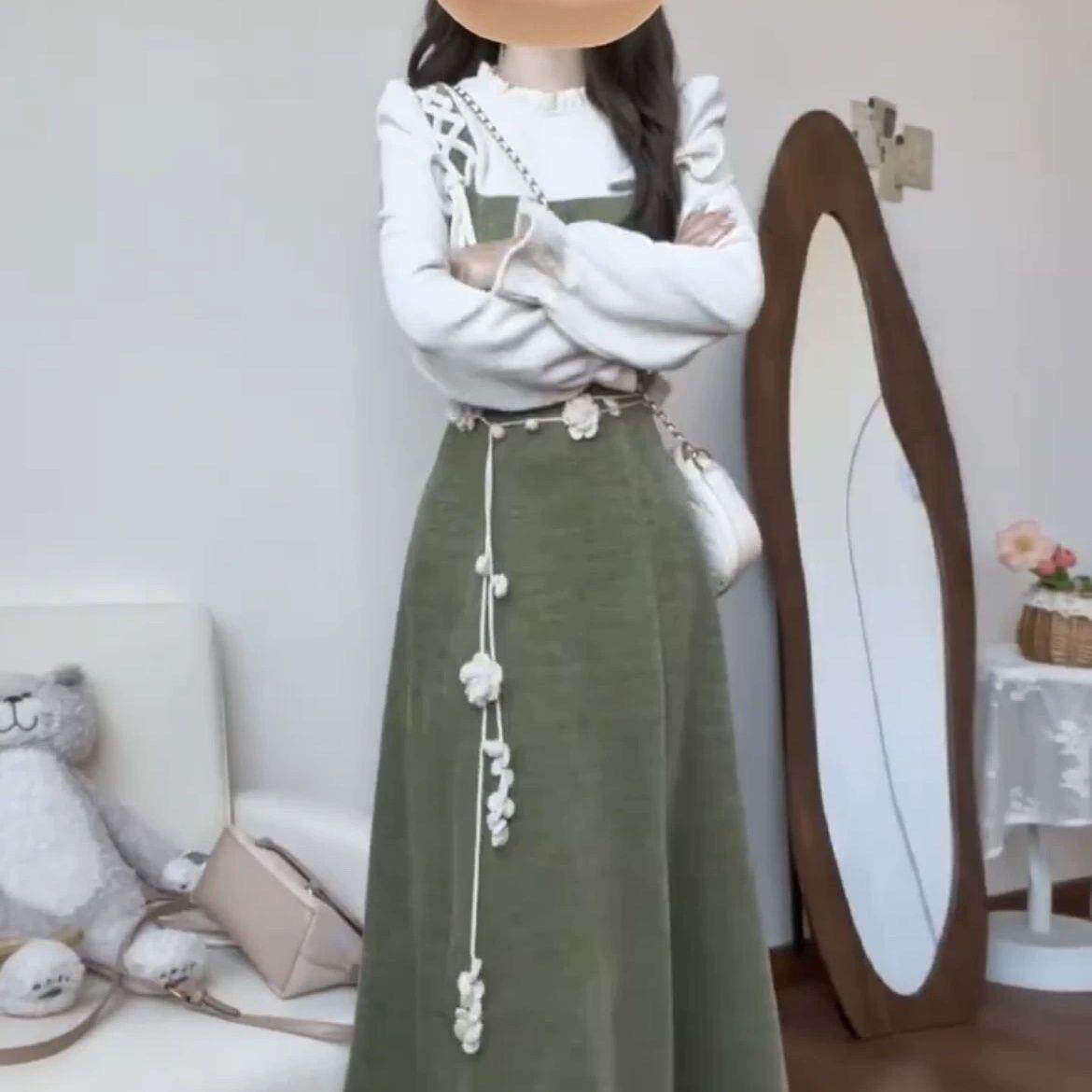 早春小香风玫瑰花腰绳针织细窄长条腰带女配裙子腰链y2k配饰颈链