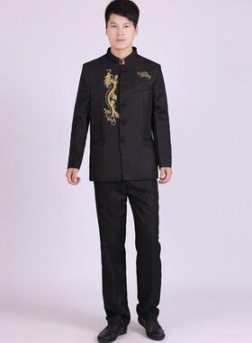 新款青花瓷白色中山装演表服梅花刺绣成人男礼出服演胡二独唱主持