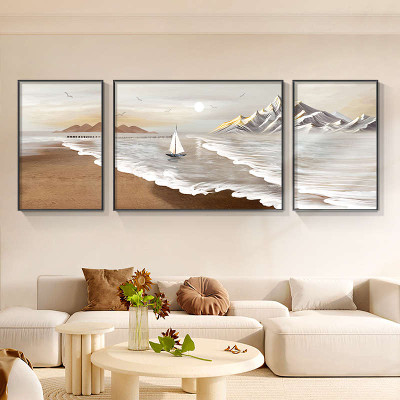 海边风景客厅装饰画 画沙发背景墙挂画 画日出东方三联画 画现代