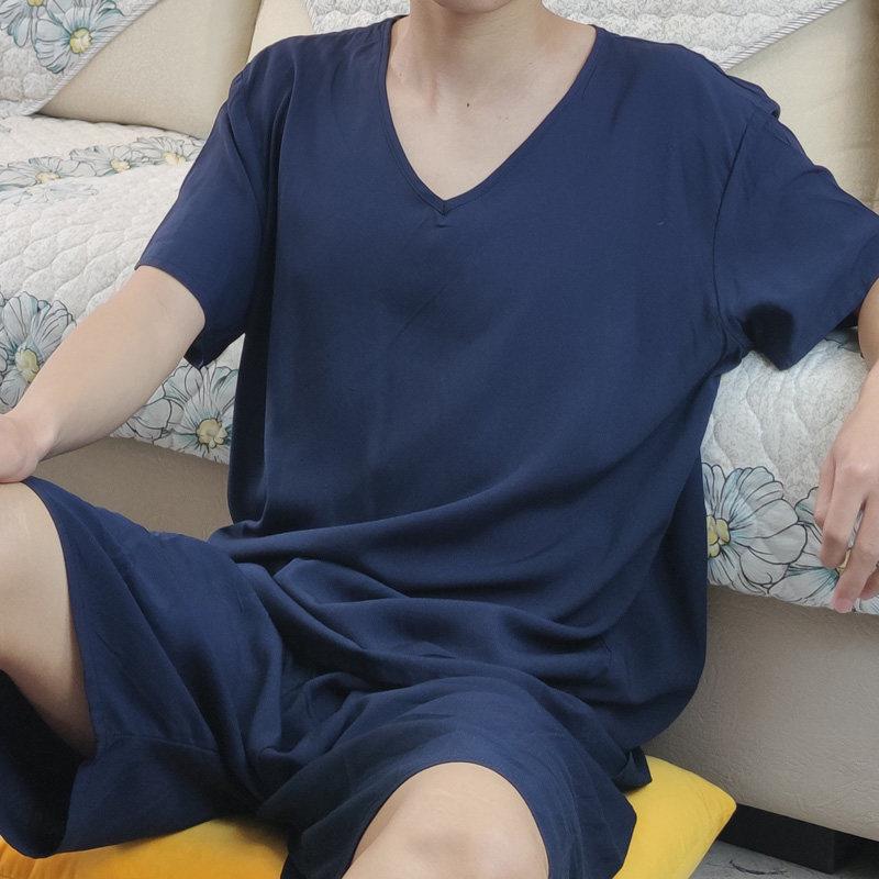 绵绸睡衣男V领棉绸短袖纯色套装夏薄款宽松大尺码人造棉中年家居