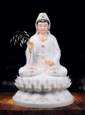 观音像 合成汉白玉石南海观世音娑婆三圣居家客厅桌面人物摆件