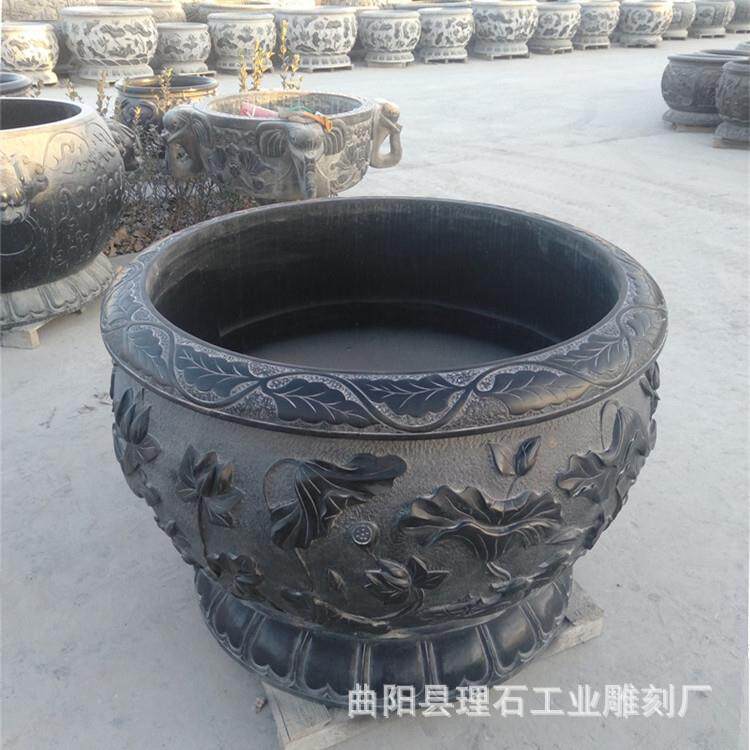 销售石雕水缸青石仿古鱼缸大理石门海做旧黑花盆庭院装饰石缸