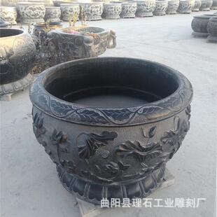 销售石雕水缸青石仿古鱼缸大理石门海做旧黑花盆庭院装饰石缸