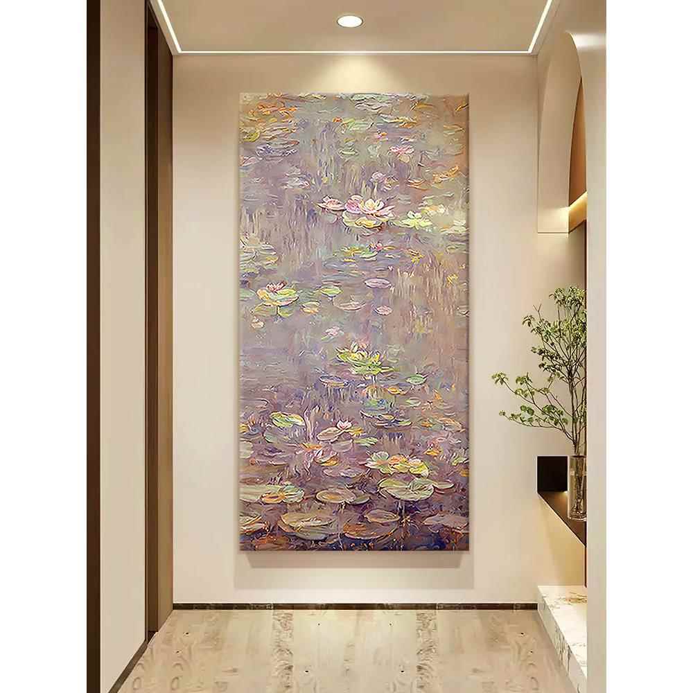 好运连连莫奈风纯手绘油画彩色睡莲客厅装饰画后肌理荷花玄关挂画图片
