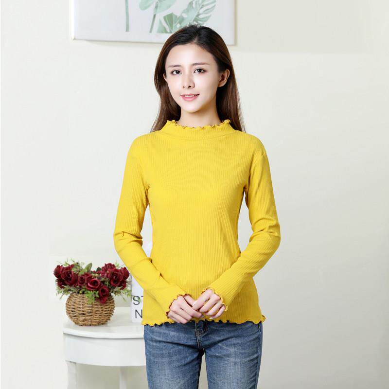 女春秋半高领带胸垫螺纹花边长袖T恤胸垫一体无钢圈设计感打底衫