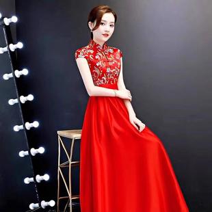 高档袍中国风晚礼服女黄裙花改良旗团长队舞台演出主持人朗诵合绣