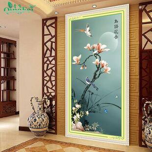 青飞竖版鸟语花香十字绣新款大幅字画鸳鸯牡丹兰花水墨线绣玄关画