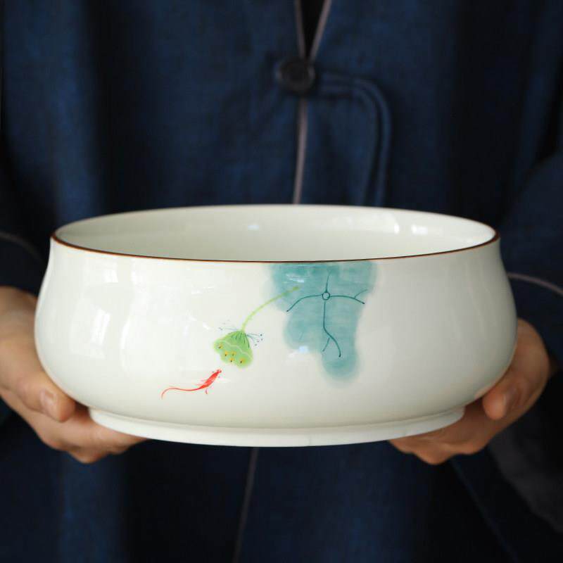 昶玖手绘粉青鱼戏莲茶洗大号特大水洗陶瓷笔洗茶具零配件水盂杯洗