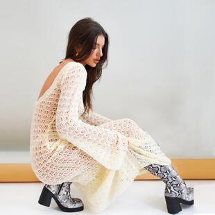 Knitted hollow out backless beach dress, long sleeved long