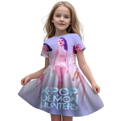 girls cartoon anime graphic print dress round neck short