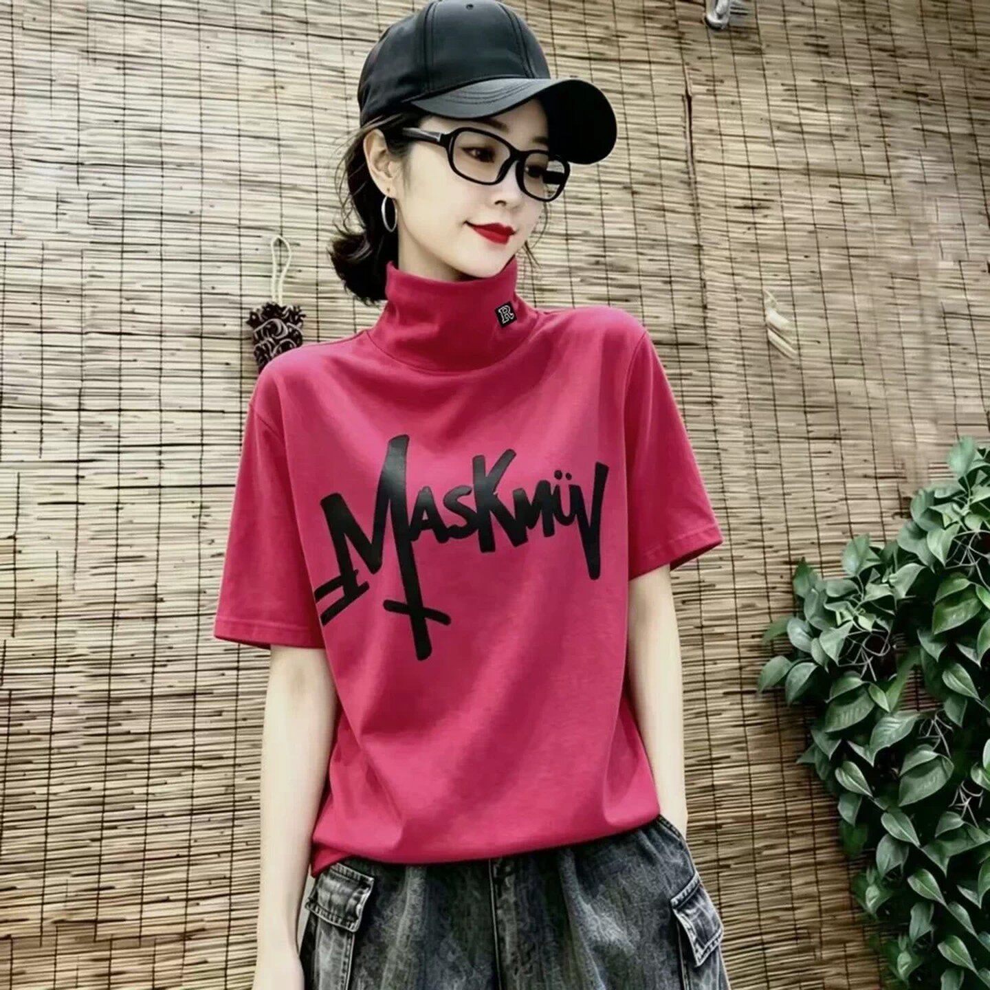 高端欧货复古玫红色高领短袖t恤女春秋新款显瘦印花打底衫上衣