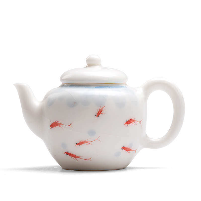 景德拟古 中式白瓷汝窑手绘茶壶鱼趣泡茶壶开片可养单壶球孔过滤,餐饮具,茶壶,淘宝优惠券,粉丝福利购,淘宝优惠卷