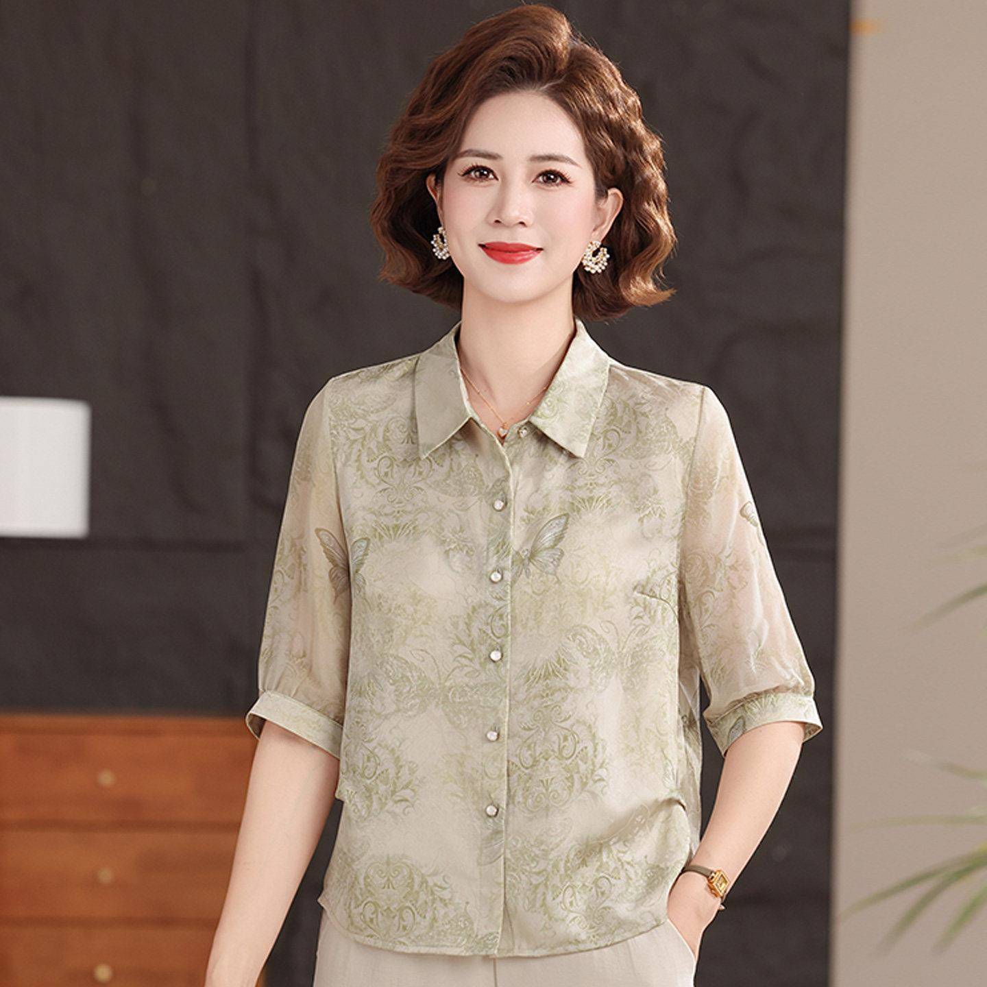 时尚中年衬衫女开衫夏装桑蚕丝100%套装妈妈翻领真丝印花上衣薄款