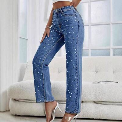 Women Pearl Embellished Wash Straight Leg Jeans Comfortable