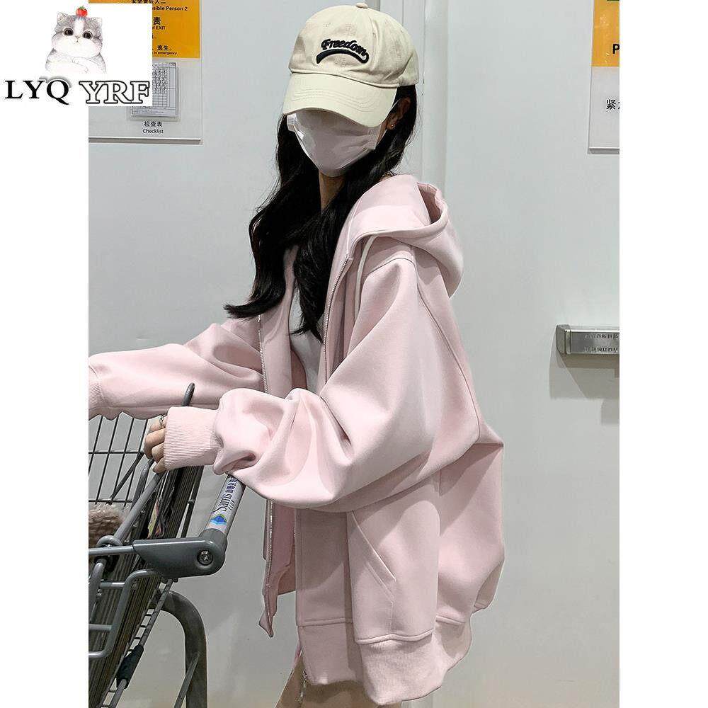 LYQ YRF初秋粉色连帽卫衣早春秋季薄外套女韩系穿搭慵懒宽松开衫