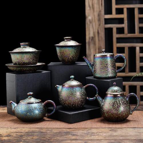 盖碗茶杯大号三才盖碗茶壶陶瓷窑变茶具七彩孔雀天目釉敬茶碗家用