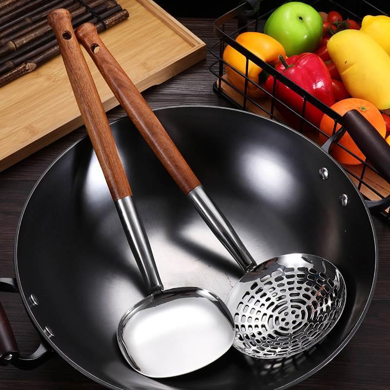 湘西土家苗族圆形加厚不锈钢木柄锅铲家用厨房大漏勺老款老式锅铲