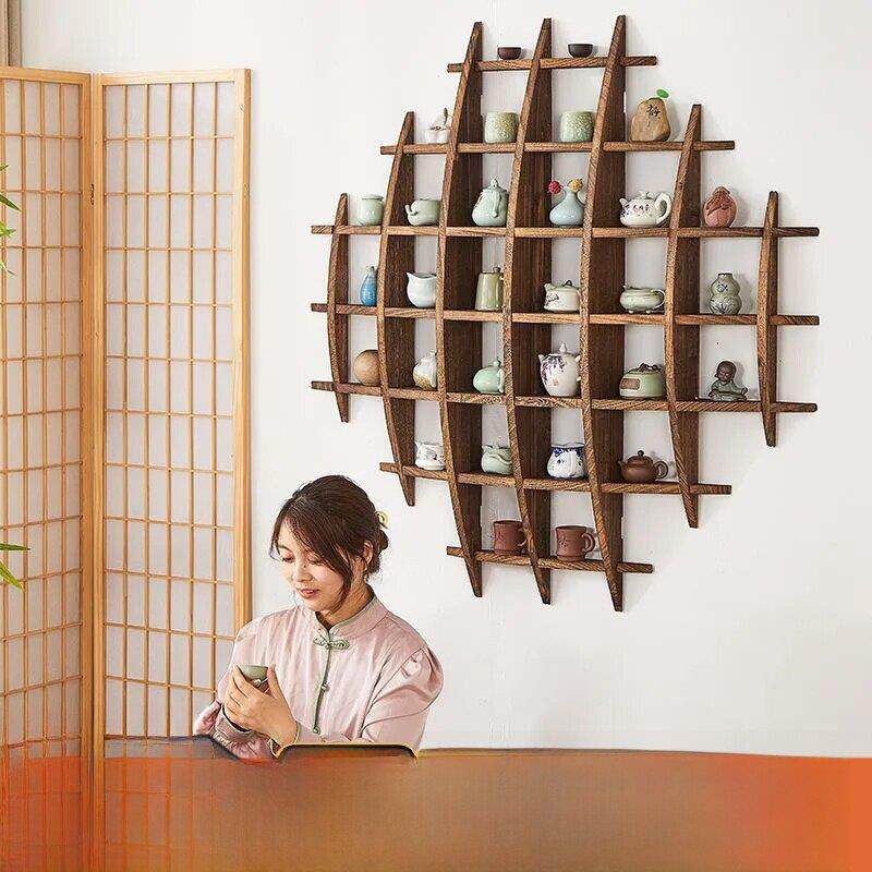 茶杯架壁挂薄谷架实木中式壁挂多宝阁茶室布局茶具茶架收纳架