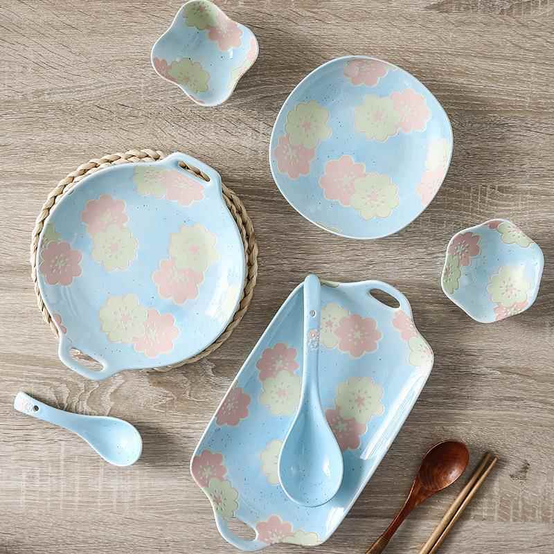 箱花恋小清之新家用餐具INR米饭碗深菜盘套装大汤面碗碗鱼整盘