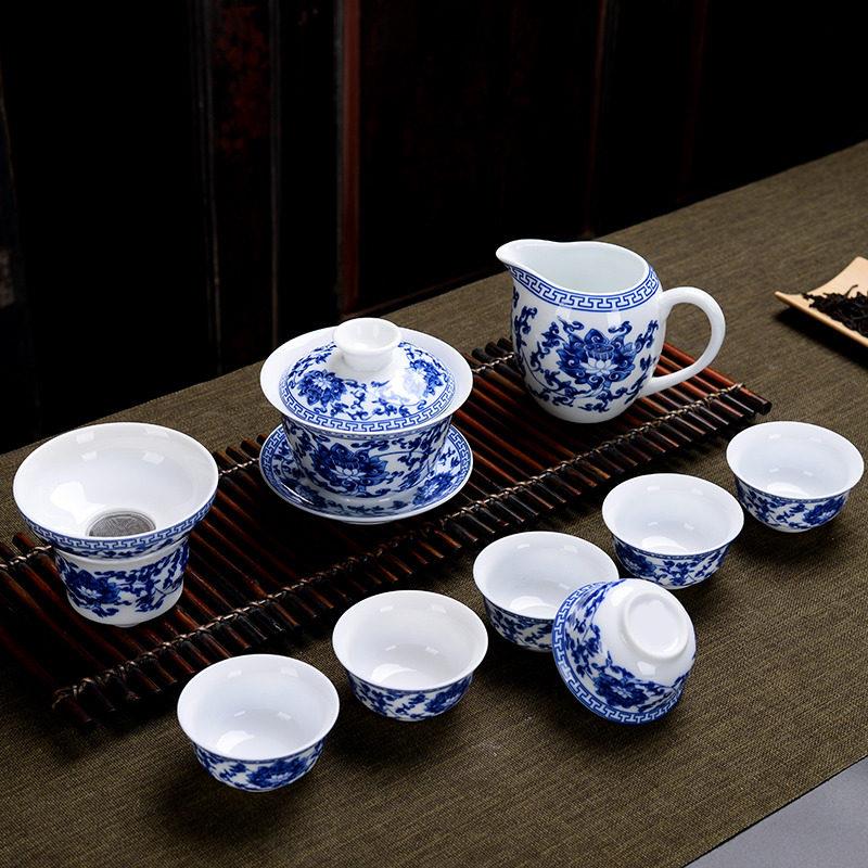 青花瓷茶具套组家用整套陶瓷功夫茶具白瓷泡茶器盖碗茶杯办公礼品