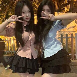 社会女夏季jk少女套装网红同款蝴蝶结Polo领收腰短袖衬衫+蛋糕裙