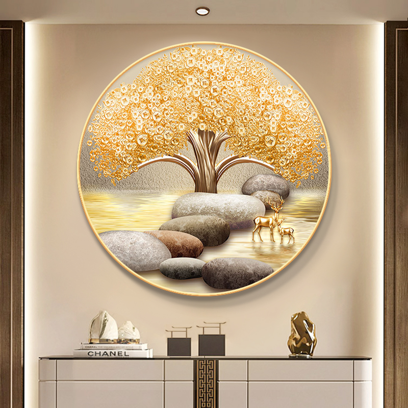 发财树入户玄关装饰画餐厅圆形背景墙挂画客厅石来运转走廊过道画图片