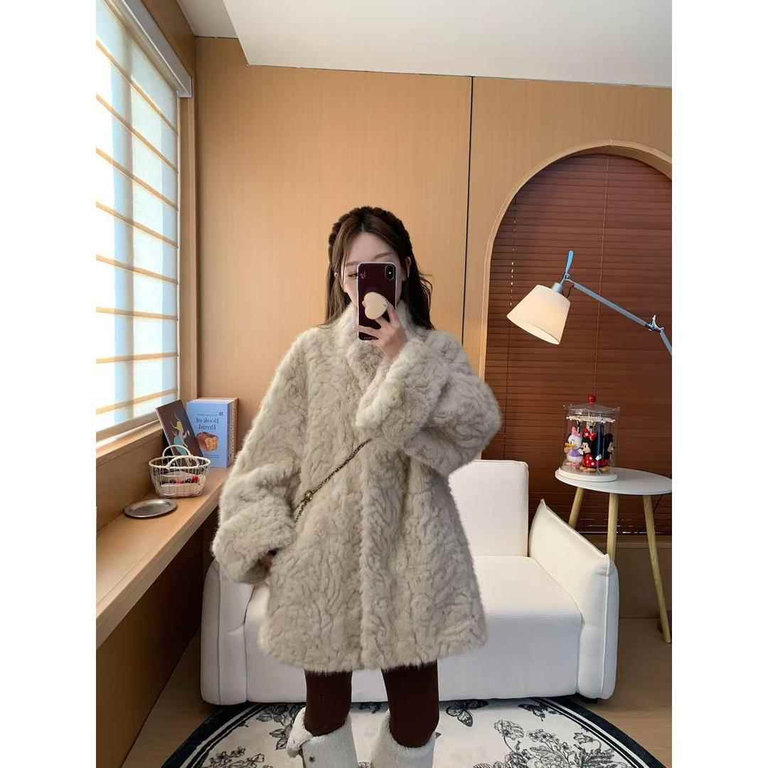 慵懒感羊羔毛皮草外套女皮毛一体中长款宽松花狐貂环保毛毛大衣冬