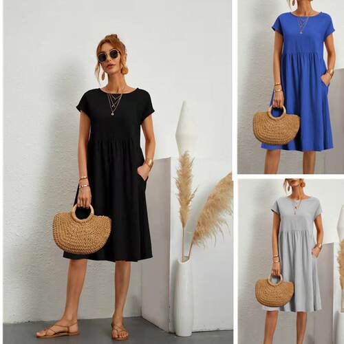 2026 New Womens Summer OL Style Cotton Linen Dress Crew Neck