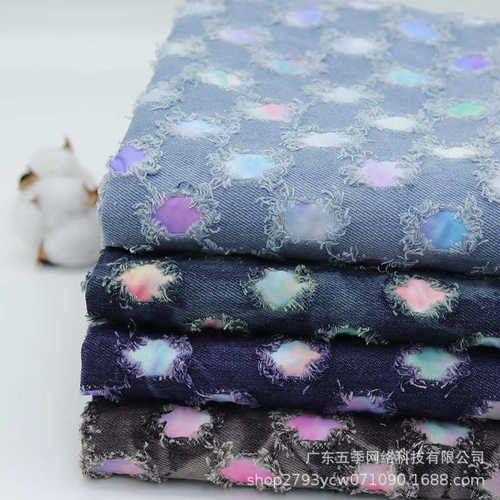 【厂家批发】经典复古油画破洞风洗水牛仔布料厚款服装鞋材箱包布