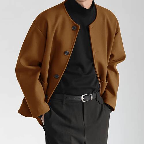 Double sided jacket with a collarless silhouette, woolen